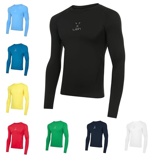 Image of LION SPORTSWEAR Men's Football Compression Base Layer Long Sleeve Shirt – Performance Sports Top for All-Year Training - Black | M