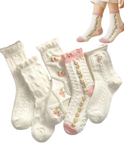 FUGLUS 5 paires Chaussettes en dentelle à volants, Chaussettes à volants en coton élastique - Costume d'écolière, Chaussettes À Motif Floral, Chaussettes Mi-Mollet pour Femme, Chaussettes Mignonnes