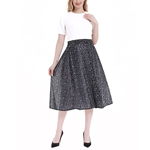 Bhome Maternity Skirt Pleated Swing Chiffon Pregnancy Midi Skirt Polka Dot A Line Maternity Dress Black With White Dots Small/Medium #TOP3