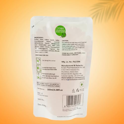 Image of Omeo Calendula Handwash Liquid Refill Pack Pouch 180ml(Set of 2) for Germs Free, Soft & Moisturized Hand with Aloe Vera & Calendula | Tough on Germs & Dirt | Hand Wash Safe for All Types Skin, Daily Use