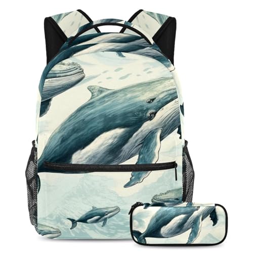 Sac à dos rétro bleu baleine géante pour le collège, le lycée et les voyages