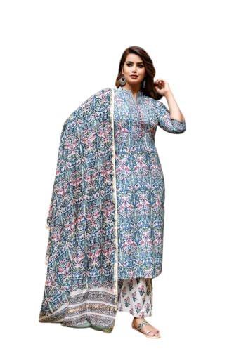Image of Leriya Fashion Cotton Printed Kurta Sets for Woman | V Neck Festive Anarkali Suit for Women | Ethnic Kurta Set with Dupatta for Women | Wedding Kurti Set for Woman