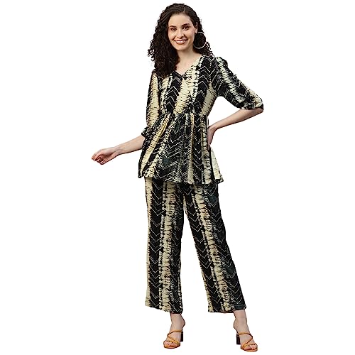 Image of DEEBACO Striped Rayon Flared Tunic & Straight Pants Co-Ord Set For Women V-Neck & 3 /4 Puff Sleeve Ladies Party Casual Wear Fashionable For Girl Relaxed Fit Cord Set (DBCOMR00000904 M Multicolor)