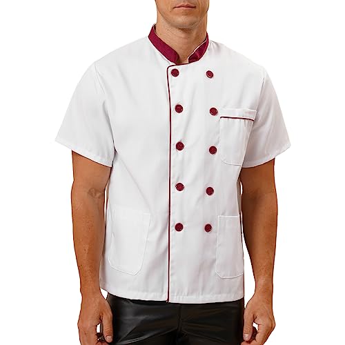 TiaoBug Unisex Women Men Classic Chef Jacket Professional Chef Coat Restaurant Kitchen Cooking Uniform White&Burgundy D M