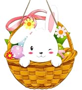 13.5x11.7 Inches Easter Day Bunny Basket Door Sign with Eggs and Daisy Flowers, Woven Basket Shap...