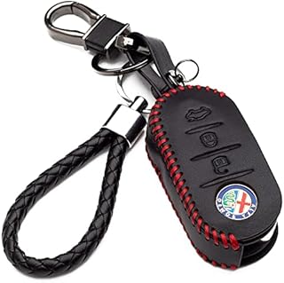 Car Key Cover Leather Fob for Alfa Romeo Key Mito Giulietta 159 3 Buttons Remote Key Shell Protection with Keychain (red stitching)