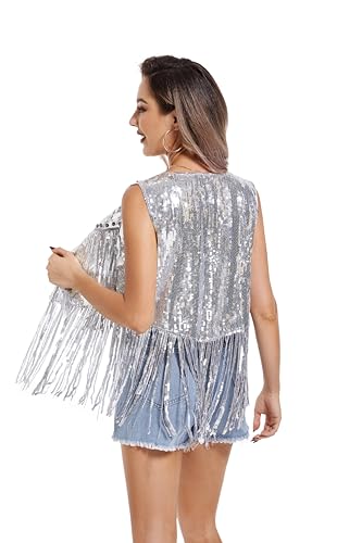 Danceislife Women Tassel Vest 70s Hippie Sparkly Fringe Sequin Jacket Cardigan Rivet Sleeveless Open Front Coat4