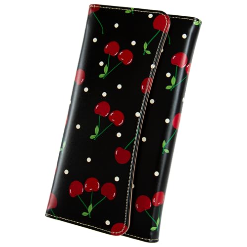 Womens Wallet Leather RFID Blocking Trifold Ladies Purse long Clutch Credit Card Holder Phone Checkbook Organizer (Black Cherries)