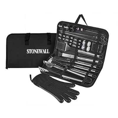 Stonewall Barbecue Grill Tool Set - Stainless Steel - Strong Durable Design - Heat Resistant Glove & Utensils - Thermometer, Meat Injector, Kebabs, & Corn Skewers - Perfect For Smokers & Grills