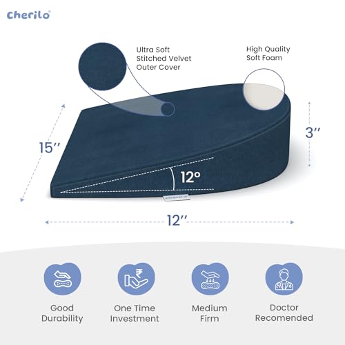 Image of Cherilo C Shaped Elevated Wedge Pillow for Baby Crib & Mattress, Helps to Elevate Baby for Acid Reflux, Colic, GERD, Heat Burn & Vomiting | 15 inch x 12 inch x 3 inch | - with Removable Velvet Cover - Navy Blue