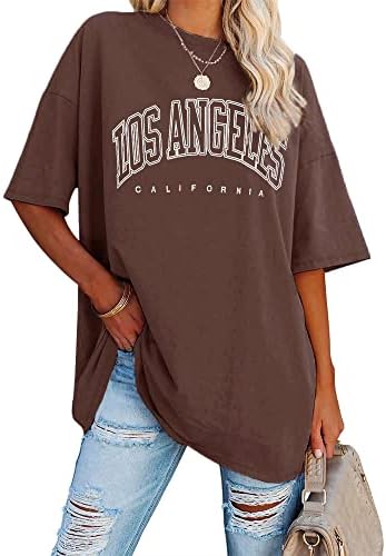 Ebifin Damen T Shirt Rundhals Oversize Vintage Oberteile | Los Angeles,Longshirt,Tunika,Sommer,Sport T Shirt,Basic,Baumwolle Top,Lang,Bluse