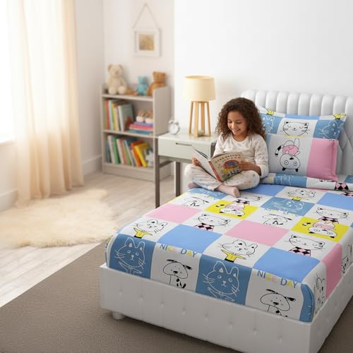 Image of Filymore Cat Single Bedsheet for Girls Kid Bedsheet for Small Size Bed 240 TC Microfiber Soft Cartoon Bedcover for Kids Room 90x60 Inches Yellow and Blue