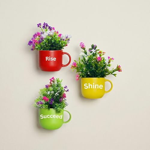 Image of Dekorly Wall Hanging Mug Planters with Artificial Flowers (20CM) - Decorative Hanging Cups, Colorful Floral Wall Decor for Living Room Bedroom Balcony Office Gift Set (3, Rise Shine Succeed)