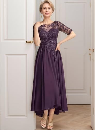 Mother of The Bride Dresses for Wedding Tea Length Lace Chiffon 3/4 Sleeves Formal Evening Gowns3