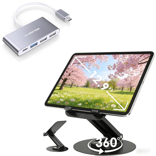 LENTION 4-in-1 USB-C Hub & Adjustable iPad Stand for Desk, Ultra Slim Foldable 360° Rotation Tablet Holder with Metal Base