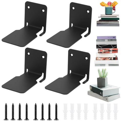 YOYEAH 4er-Pack Unsichtbares Schwarzes Bücherregal Wand, Schwebendes Bücherregal aus robustem Eisen für Büro, Schlaf &Wohnzimmer - Unsichtbare Bücherregale mit Montagematerial inklusive