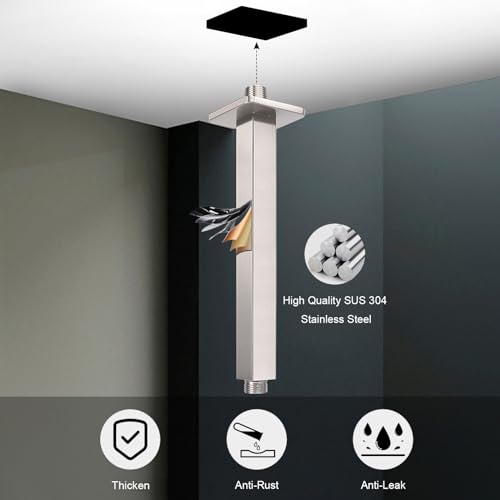 Image of Ceiling Mounted Shower Arm, Rain Shower Square Extension Arm with Flange and Teflon Tape Stainless Steel Ceiling Mount Shower Extender (8 Inch, Brushed Nickel)