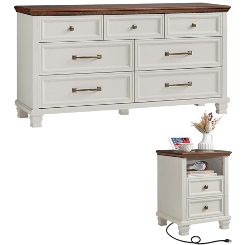 SAVOR LIFE Farmhouse Dresser and Nightstand Sets 2 Piece, 7 Drawer Dresser & 2 Drawer Nightstand Set, Rustic Wood Bedroom Furniture Set for Home, Bedroom, Hallway, White