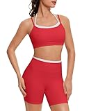 OMKAGI Workout Sets for Women Cute Doubel Layer Open Back Sports Bras Gym Shorts Outfits(S,531-Red)