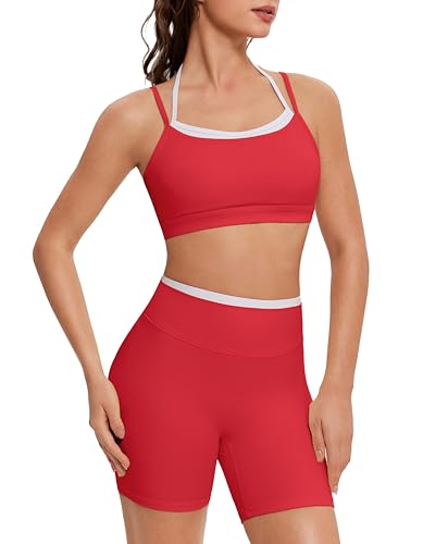 OMKAGI Workout Sets for Women Cute Doubel Layer Open Back Sports Bras Gym Shorts Outfits(S,531-Red)