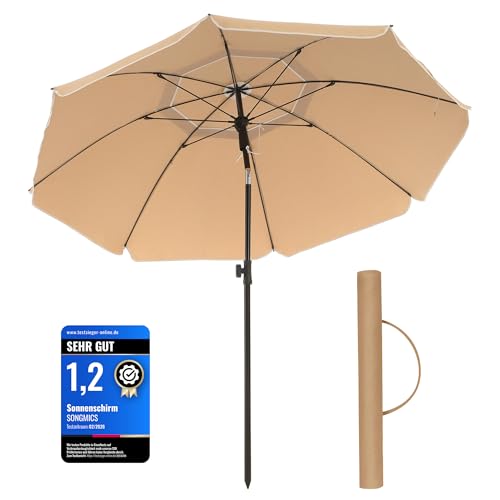 SONGMICS Sonnenschirm, 160 cm, Sonnenschutz UPF 50+, um 30° in 2 Richtungen neigbar, höhenverstellbar, mit Tragetasche, für Balkon, Garten, Terrasse, Strand, ohne Sockel, Taupe GPU60BR