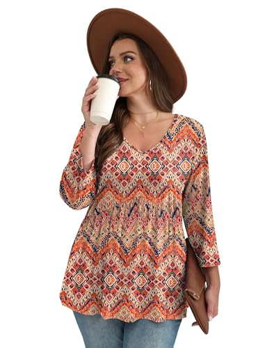 Image of OFEEFAN 3 /4 Length Sleeve Womens Tops 2026 Blouses for Women Dressy Casual Fashion Clothing V Neck Babydoll Tops Fall Outfits