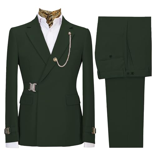 Image of Men's 2 Piece Suit with Metal Clasp Slim Fit Suit Stylish Business Pants Casual Wedding Grooms Tuxedo Suit