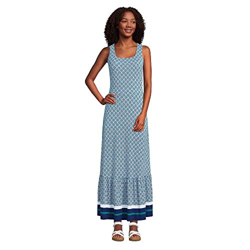 Lands' End Womens LWCM Square Neck Tiered Maxi Dress Emerald Medallion Border Regular Medium