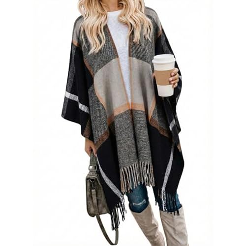 Bestshe Women's Boho Open Front Poncho Cardigan Plaid Shawl Wrap Cape