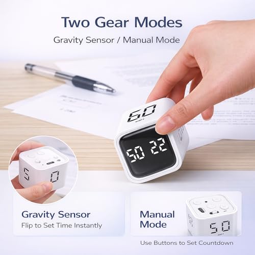 Image of Pomodoro Timer Cube for Study, Gravity Sensor Flip Auto Start 5 /10 /30 /60 Min & Custom Countdown, USB C Rechargeable Silent Focus Vibration Alert, ADHD Desk Productivity Timer for Students (White)
