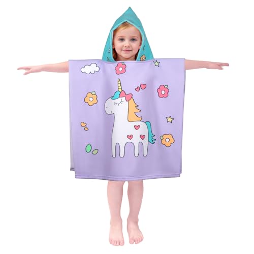 Image of Hooded Kids Beach Towels - Toddler Bath Towel Girls Boys Swim Cover-ups for Ages 1 to 6 Kids Pool Towels Quick Dry Lightweight Soft Microfiber Poncho Towel 24x23(Flower Unicorn New)