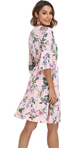 Image of VintageClothing Women's Floral Sundresses Flowy Boho Summer Beach Dress | Lightweight Breathable material,Elegant V Neck and Button Front Design,Flared Bell Sleeve Cut,Mini Casual dress