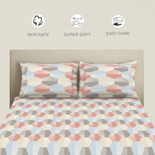 Image of Welspun Polycotton Double Bedsheets with 2 Pillow Covers Soft & Skin Safe Bed Sheets - Harmony | 120 Tc (Geometric-Faded Pink)