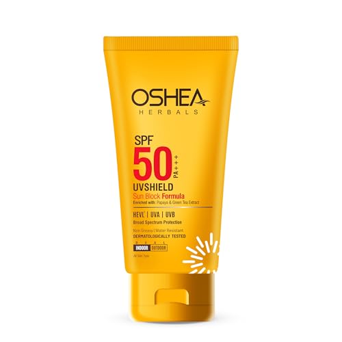 Image of Oshea Herbals UVShield Sunscreen Spf 50 PA+++ for Women & Men | Lightweight & Water Resistant | UVA & UVB Protection | Enriched with Papaya & Green Tea | All Skin Types - 120g