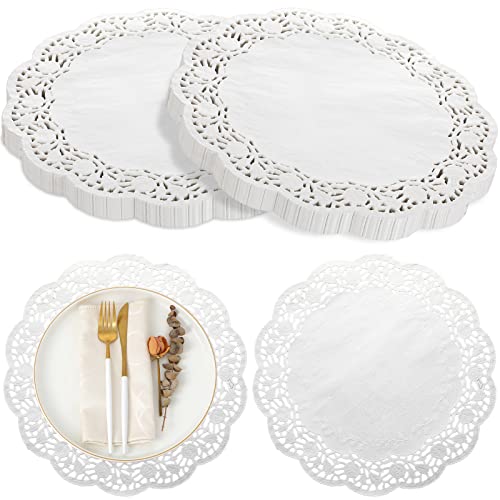 Yexiya 200 Pcs Doilies Lace Paper Doilies 14 Inches Disposable Foil Lace Placemats Large Round Paper Pad Placemats for Cakes Crafts Wedding Birthday Party Decoration(White)