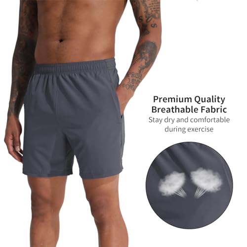 VPOS 2 Pack Men's Athletic Shorts 7 Inch Inseam, Mens Workout Shorts Lightweight Quick Dry Gym Running Shorts for Men Dark Grey/Black, M - Image 3