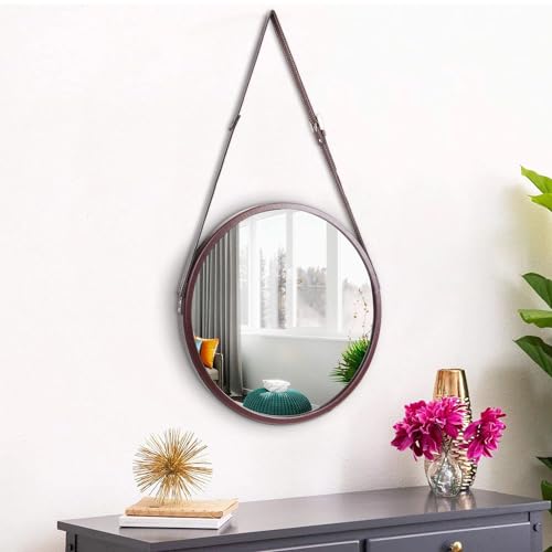 Image of Artemade 40 cm Round Iron Framed Wall Mirror with Leather Hanging Strap - Belt Design Modern Decorative Mirror for Bathroom, Living Room, Bedroom & Home Decor (Brown)