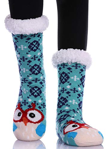 Dosoni Womens Girls Faux Fur Fuzzy Winter Asymmetric Cartoon Animal Cute Fleece-lined Winter Slipper Socks with Grippers (Blue Owls)