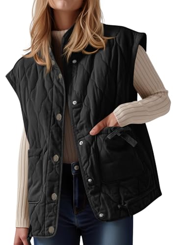 Cicy Bell Womens Puffer Quilted Vest Lightweight Stand Collar Cap Sleeve Jackets Button Down Padded Gilet Winter Outerwear