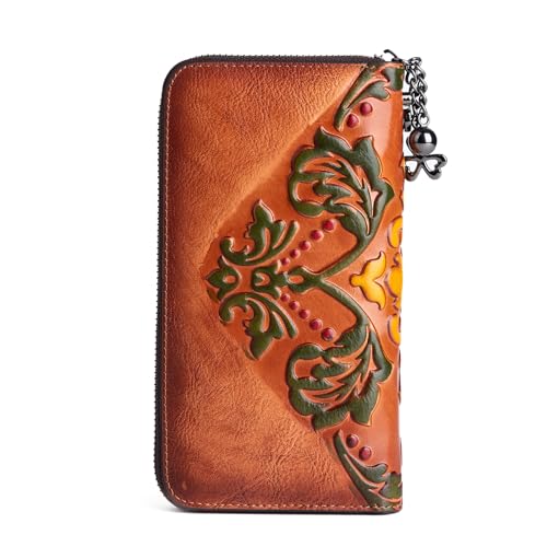Women Long Wallet Vintage Embossing Ethnic Style Card Holder Genuine Leather Clutch Large Capacity Multi Pocket Purse2