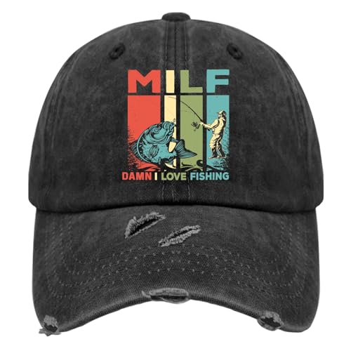 DILF Damn I Love Fishing Hats for Mens Washed Distressed Baseball Cap Funny Washed Hiking Hats Light Weight