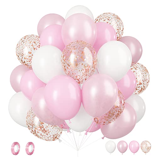 Image of Pink White Balloons, 60PCS Pink White Birthday Balloons, 12 Inch Metallic Pink Latex Balloons Rose Gold Confetti Balloons for Helium Party Balloons for Girls Birthday Wedding Baby Shower Decoration