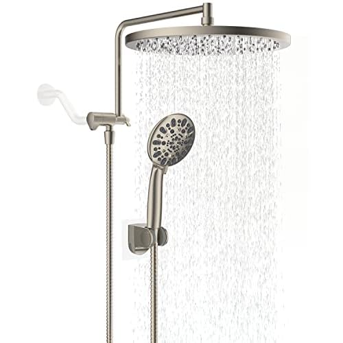 Hibbent Metal Thickness Shower Head, 10'' High Pressure Rainfall Shower Head/Handheld Showerhead Combo with 12'' Adjustable Shower Extension Arm, 7-Spray, 71'' Hose, Showerhead Holder, Brush