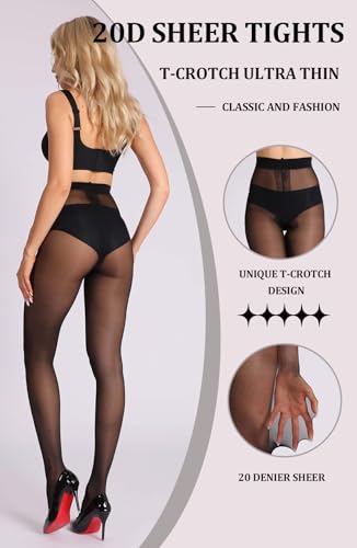 MERYLURE 20D Sheer Black Tights for Women, T-Crotch Ultra Thin Pantyhose High Waist Stockings Reinforced Toes 2 Pairs3