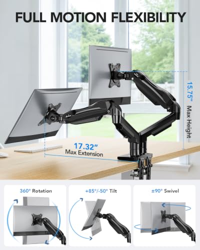Image of HUANUO FlowLift Dual Monitor Stand, Fully Adjustable Gaming Monitor Desk Mount for 13-32″ Computer Screens, Full Motion VESA 75x75 /100x100 with C-Clamp & Grommet Base, Each Arm Holds 4.4 to 19.8 lbs