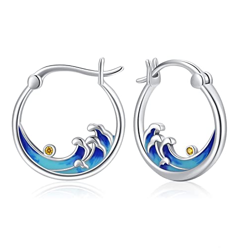 Ocean Wave Huggie Hoop Earrings S925 Sterling Silver Sea Small Cartilage Hoop Earrings Hypoallergenic Beach Opal Jewelry Birthday Gifts for Women