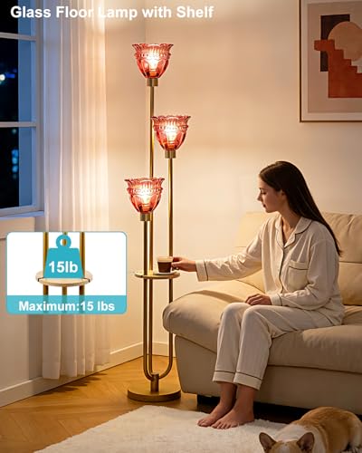 Image of Lightdot Glass Floor Lamp with 5Lbs Heavy Base for Living Room Modern Gold Floor Lamp with Rose Red Glass Shade & 3000K Bulbs Included Tall Standing Lamp with Foot Switch for Sofa Beside /Corner Decor