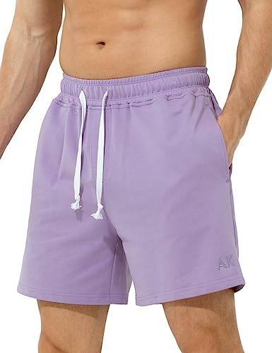 Casey Kevin Men's Sweat Cotton Shorts Summer 5 Inch Short with Zip Pockets Elasticated Waist Drawstring Casual Running Shorts,Purple,L