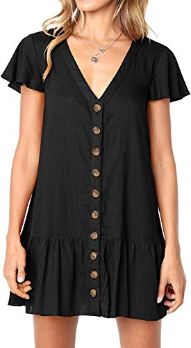 Image of Imysty Womens Polka Dot V Neck Button Down Ruffles Loose Mini Short T-Shirt Dress