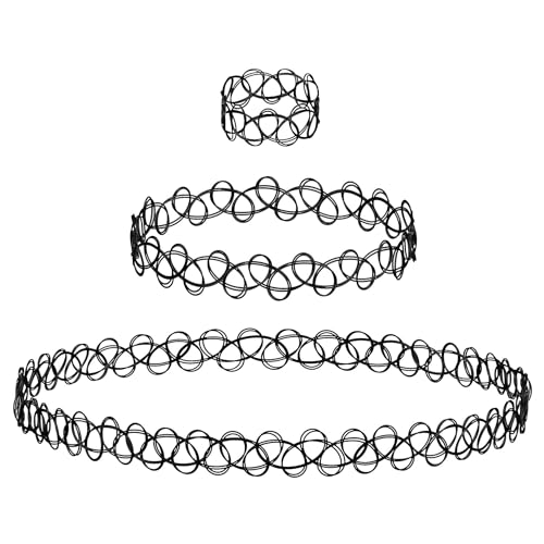 BodyJ4You 3PC Tattoo Choker Necklace Set Bracelet Ring - 90s Necklace 2000s Y2K Fashion Vintage - Stretchy Elastic Neck Lace Women's - Gothic Black Multicolor Rainbow - Classic Fashion Trend